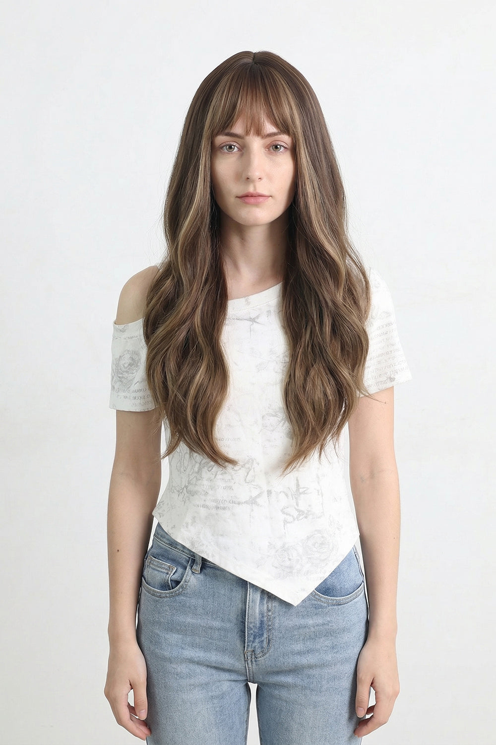 Brown Long Wavy Synthetic Wig with Air Bangs