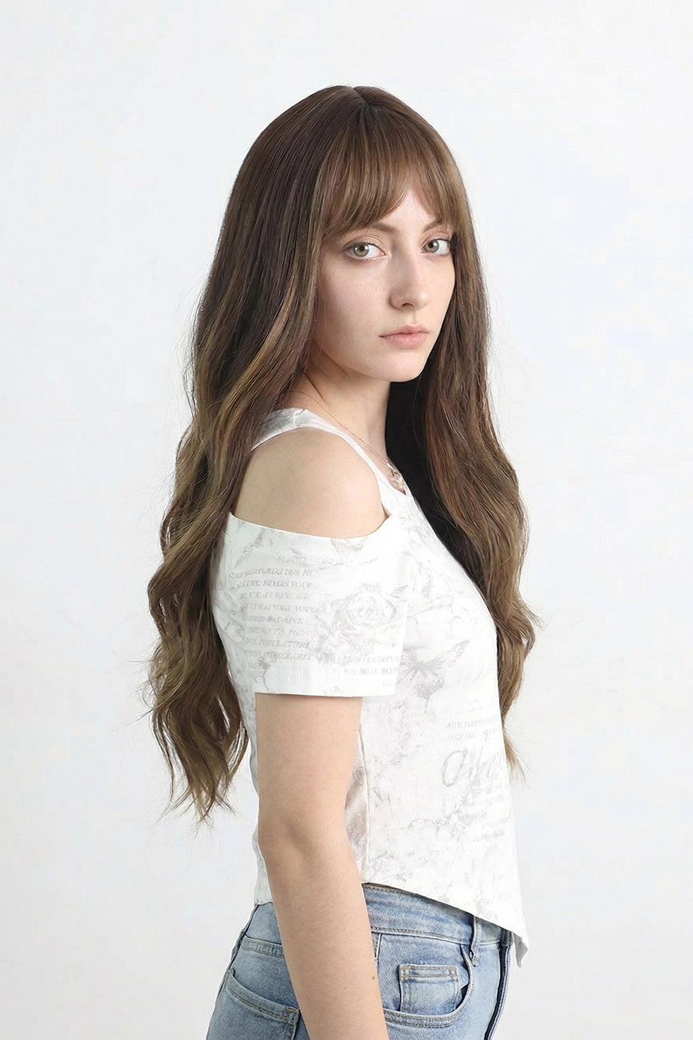 Brown Long Wavy Synthetic Wig with Air Bangs