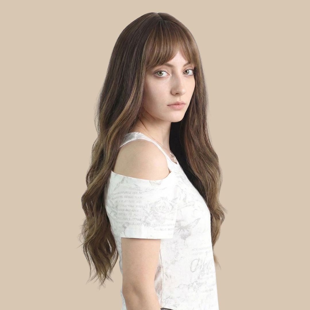 Brown Long Wavy Synthetic Wig with Air Bangs