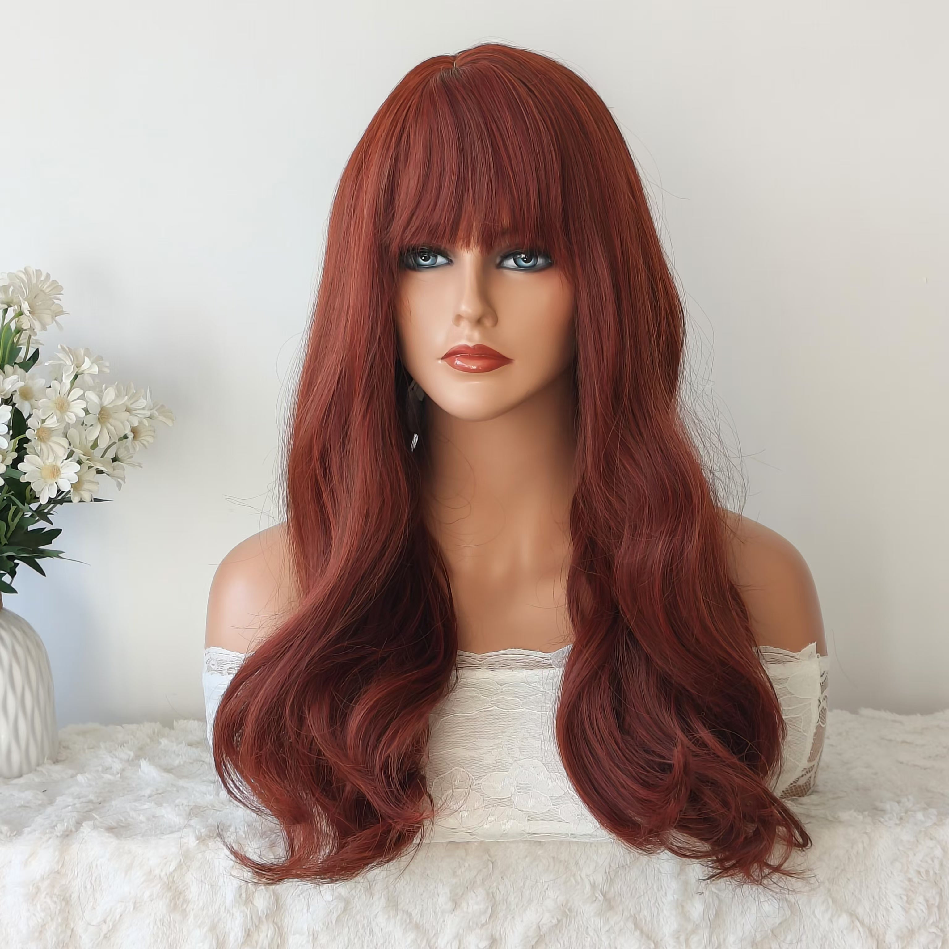 26 Inches Red Long Wavy Wig with Bangs
