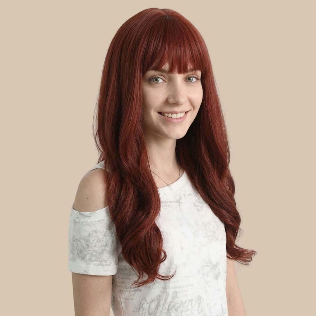 26 Inches Red Long Wavy Wig with Bangs