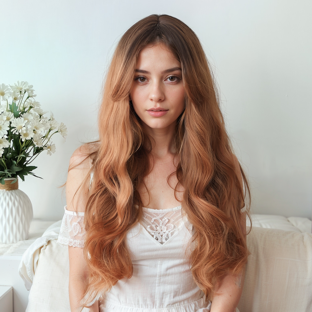 Red Brown Long Wave Wig with Bangs