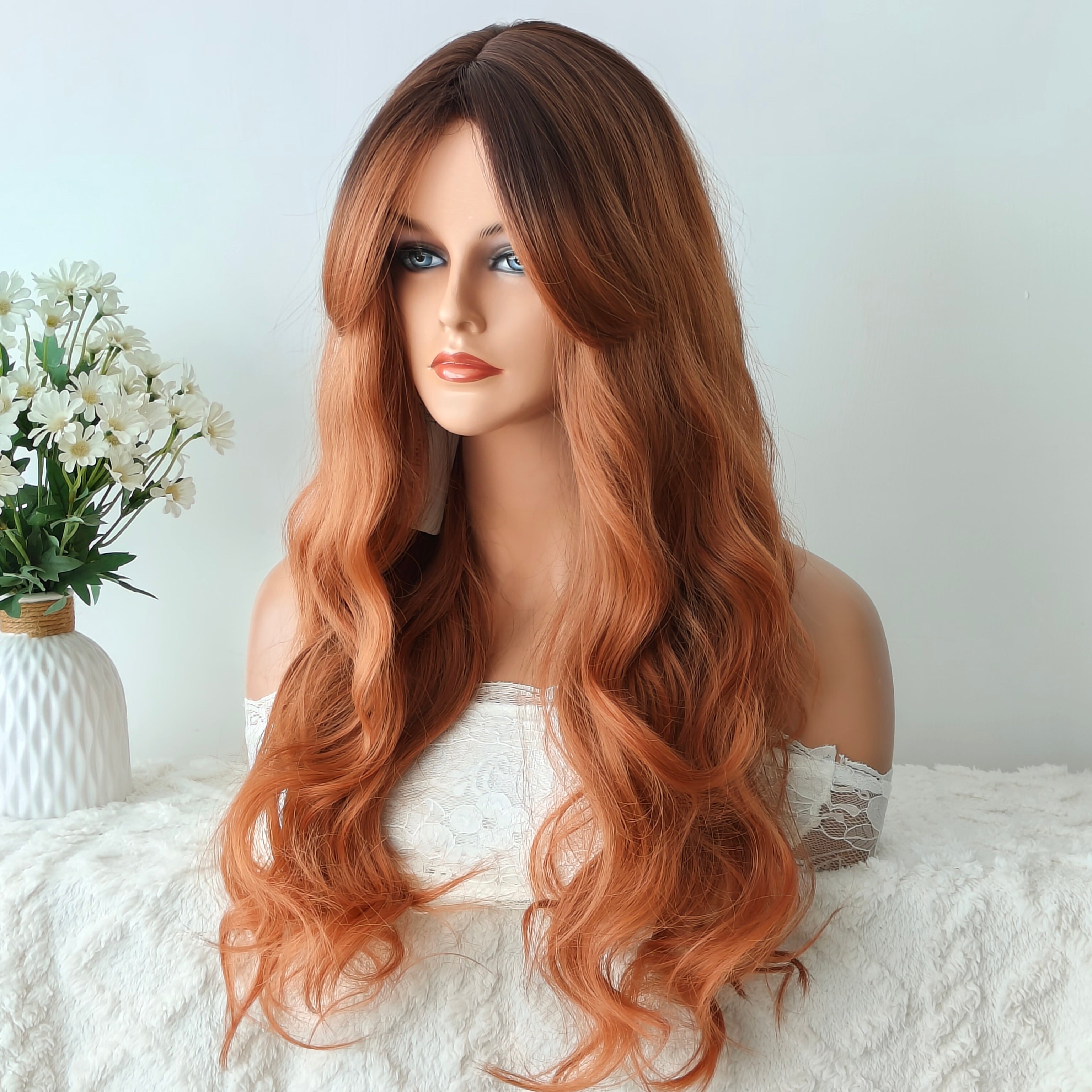 Red Brown Long Wave Wig with Bangs