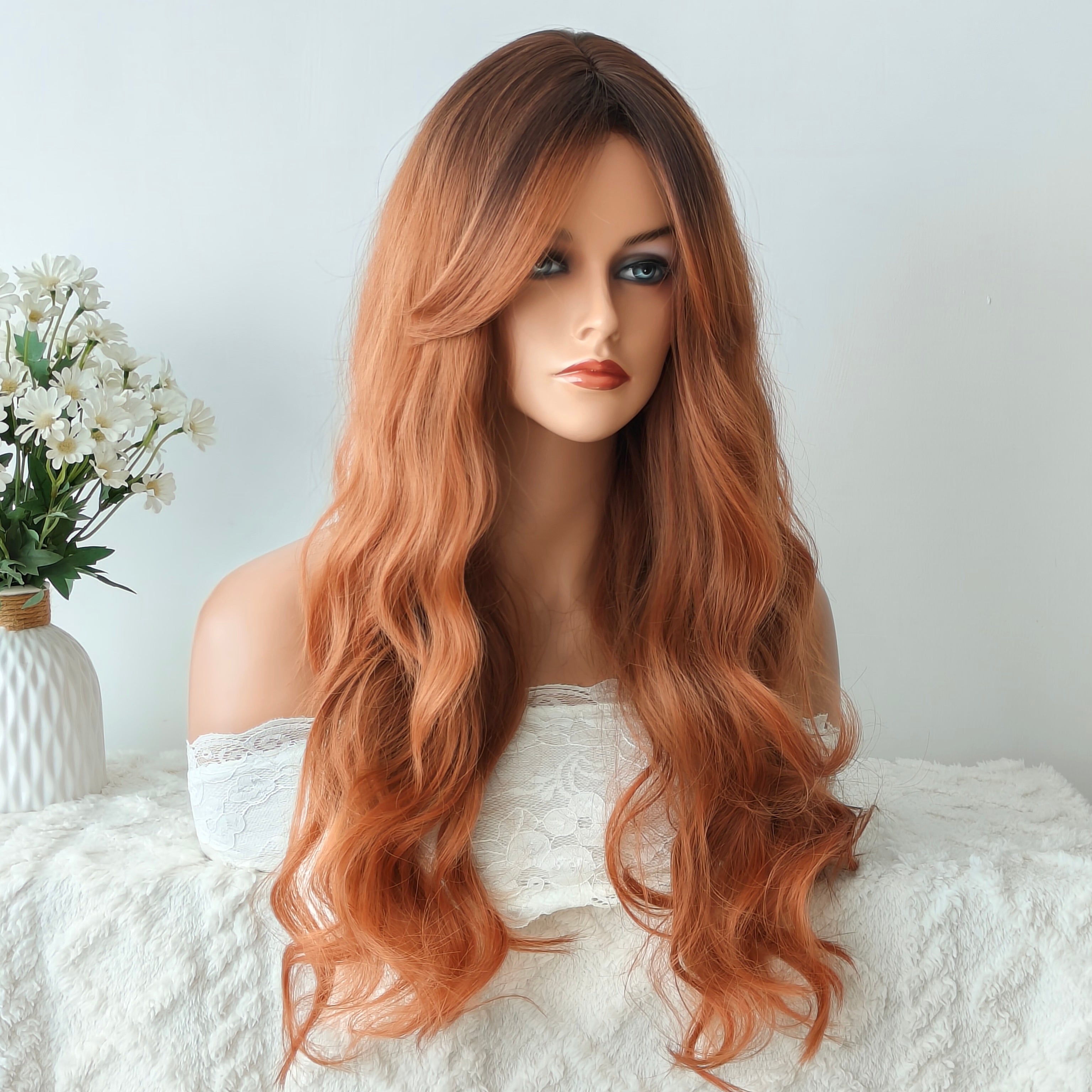 Red Brown Long Wave Wig with Bangs