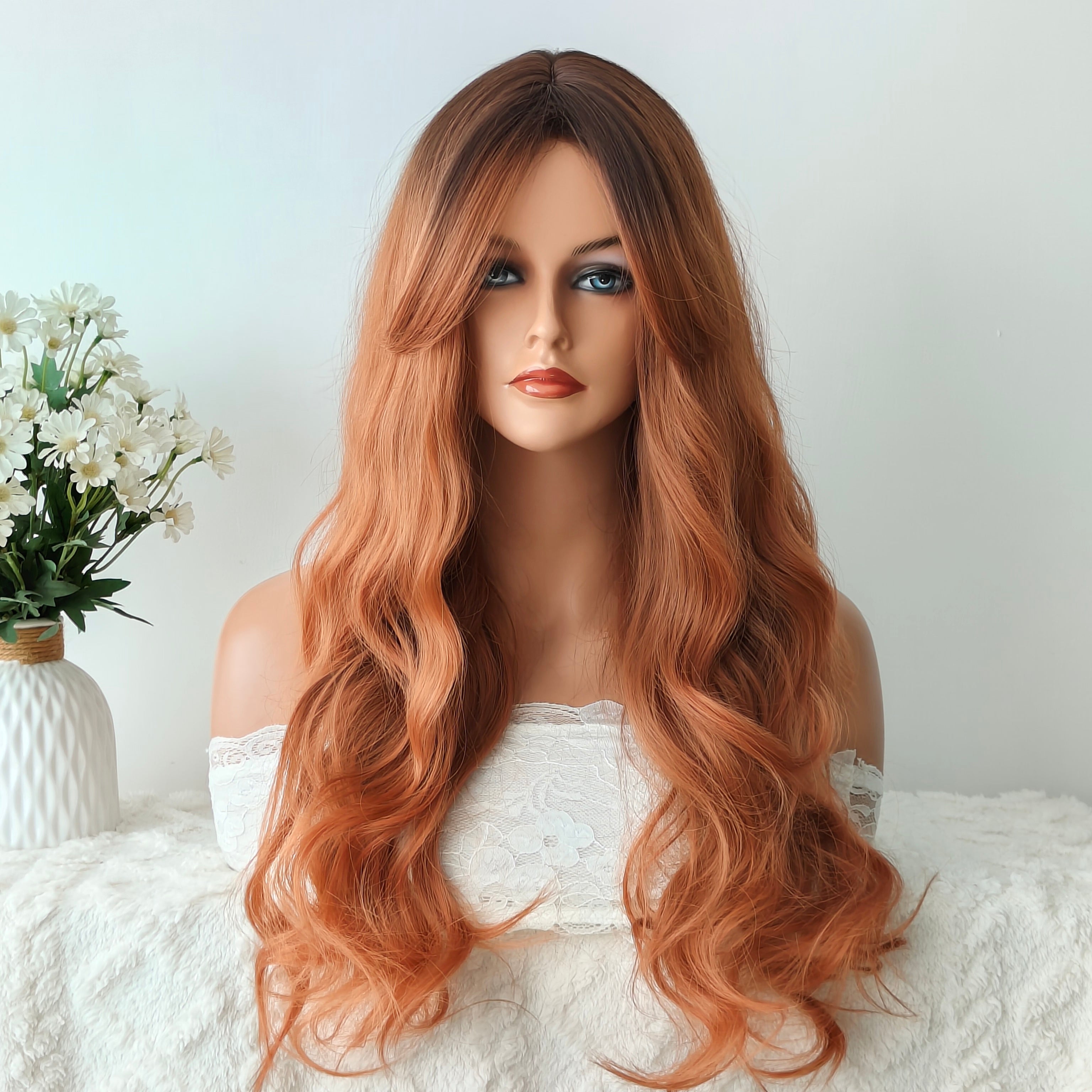Red Brown Long Wave Wig with Bangs