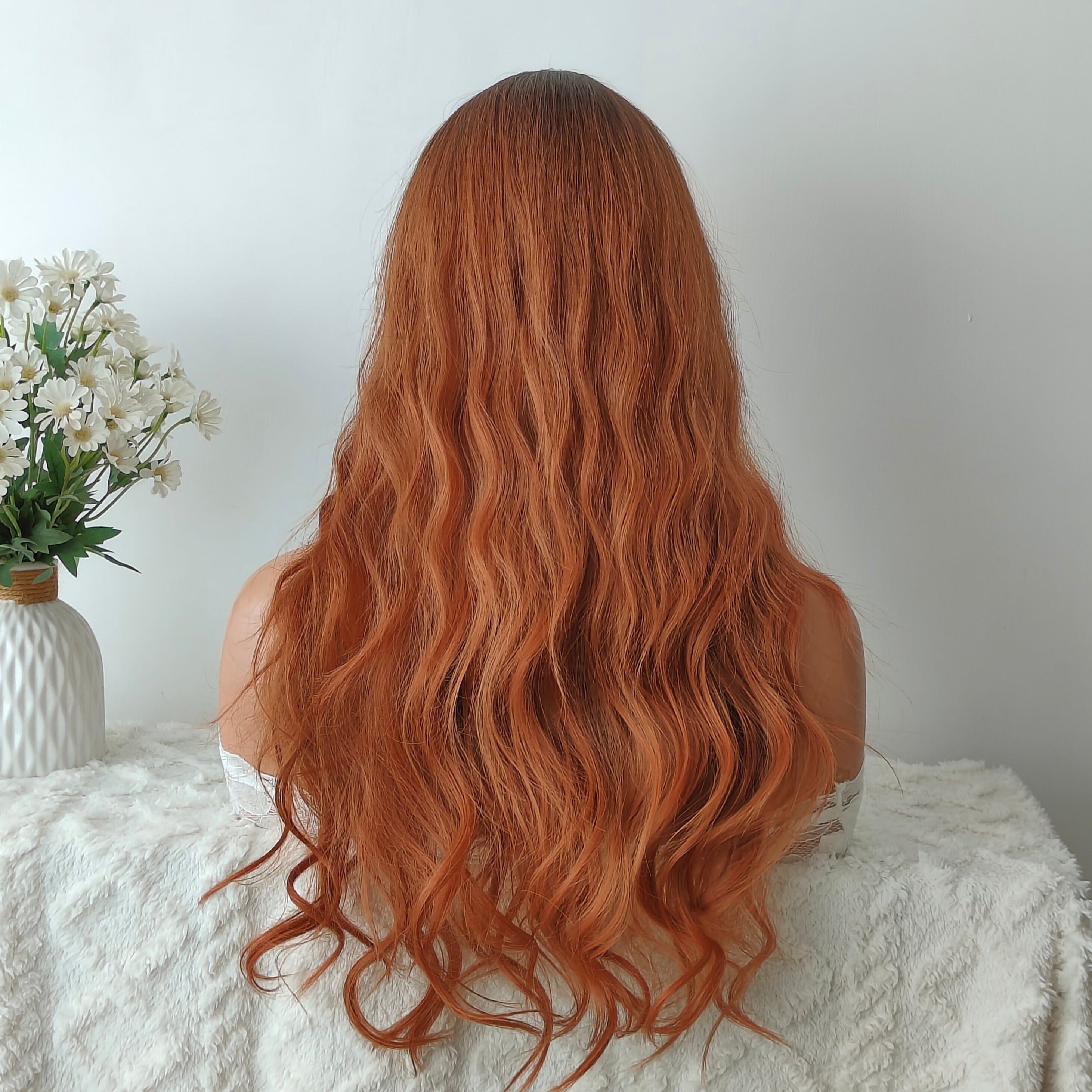 Red Brown Long Wave Wig with Bangs