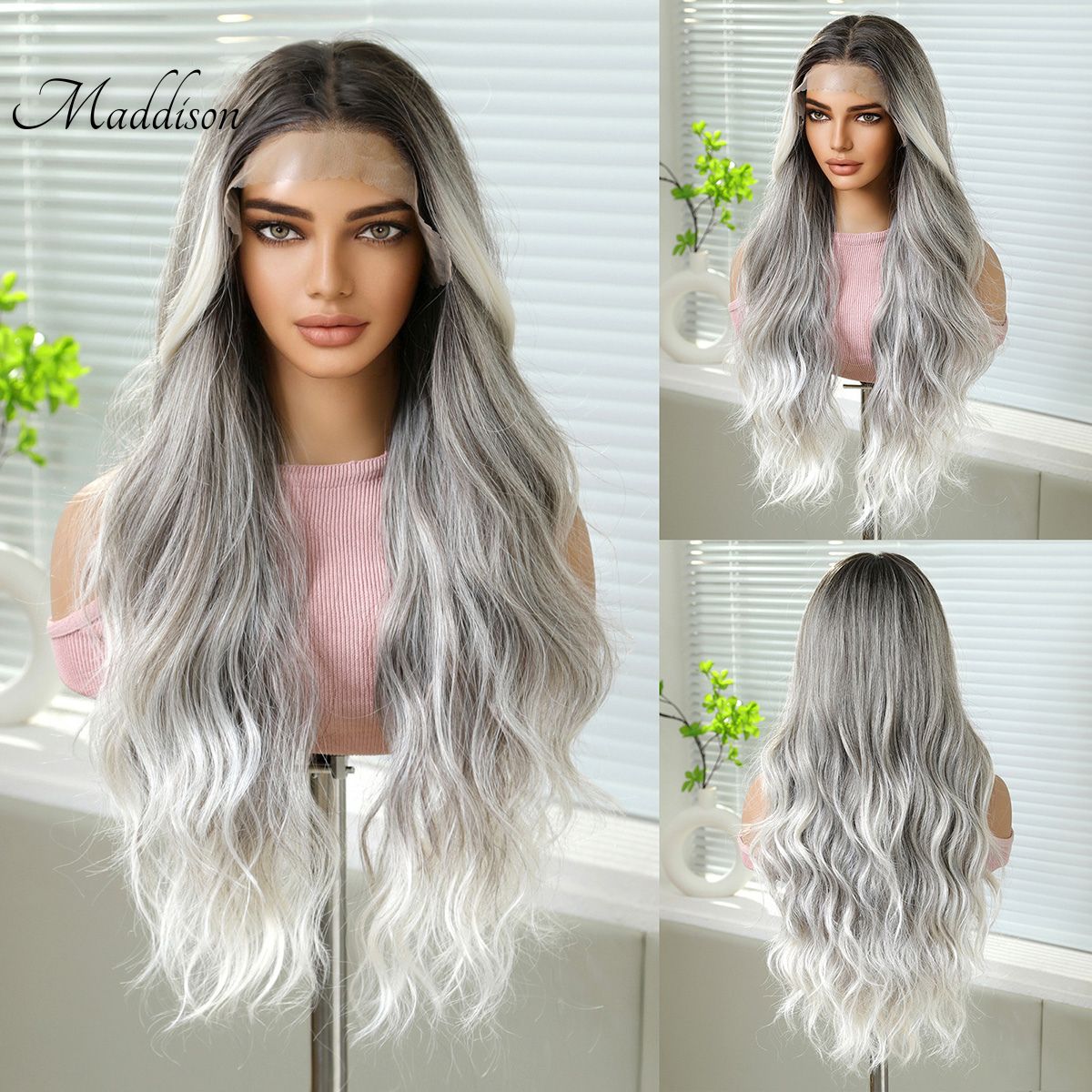 Maddison | Ombré Grey Long Wavy 13*6 HD Lace Frontal Wig (Hand-Tied)