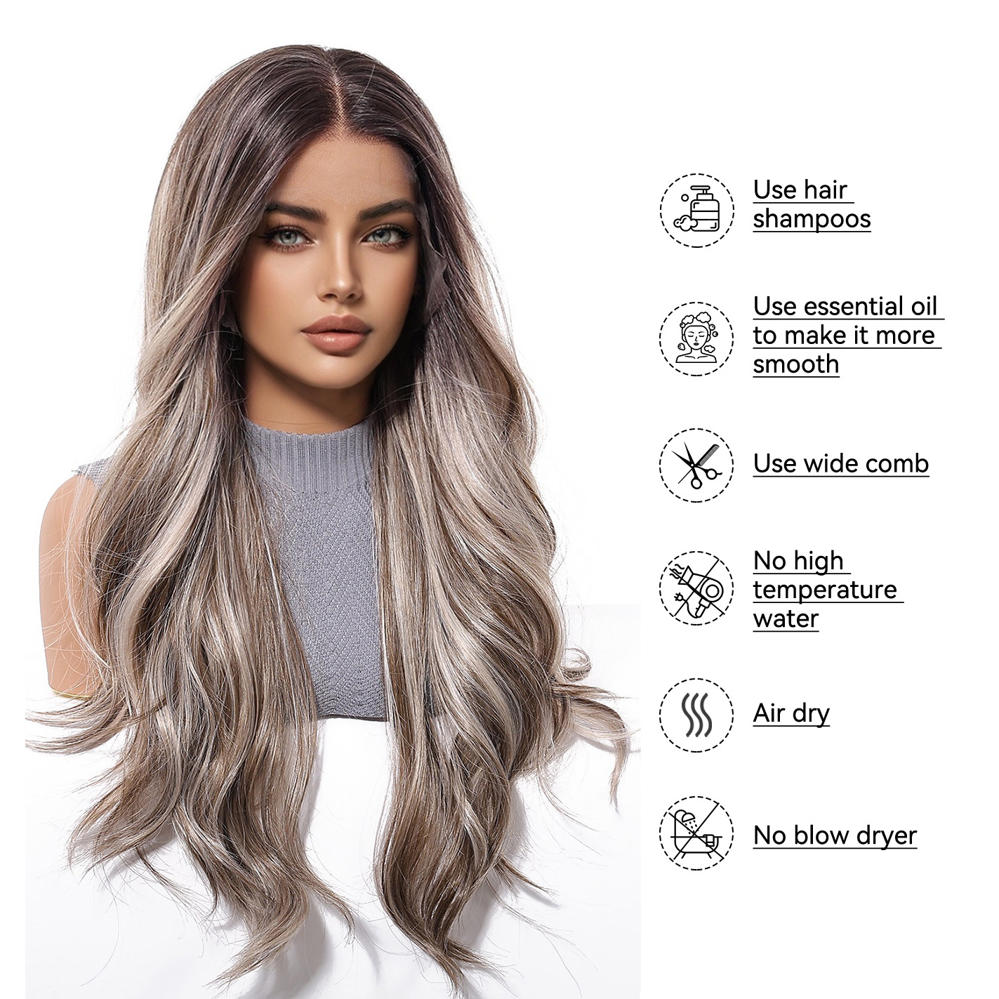 Ella 26” Body Wave HD Lace Front Wig - Ash Grey with White Blonde Highlights, Beginner-Friendly
