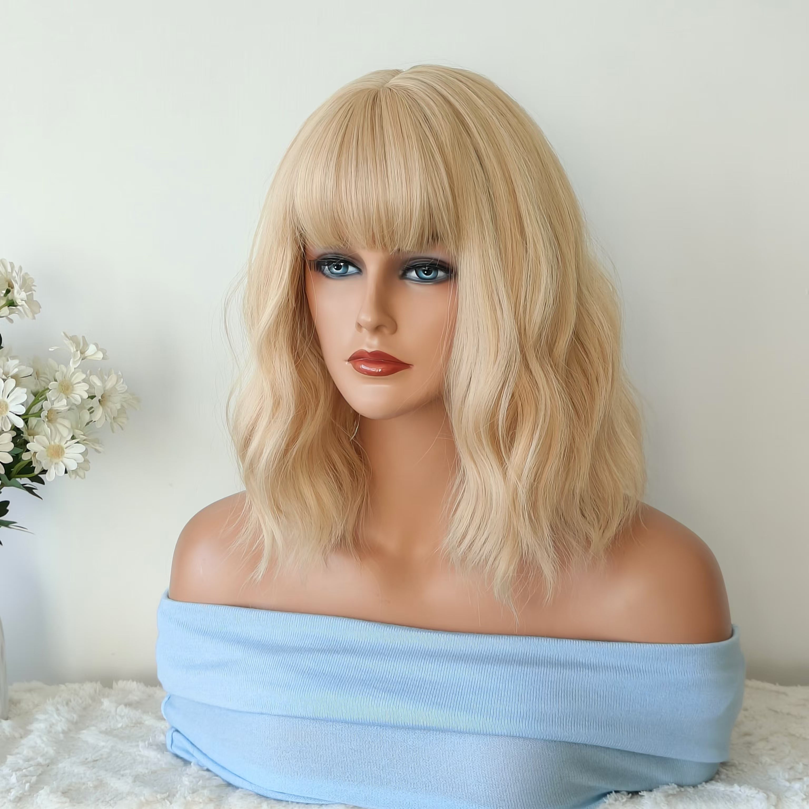 Blonde Short Wavy Bob Wig with Bangs