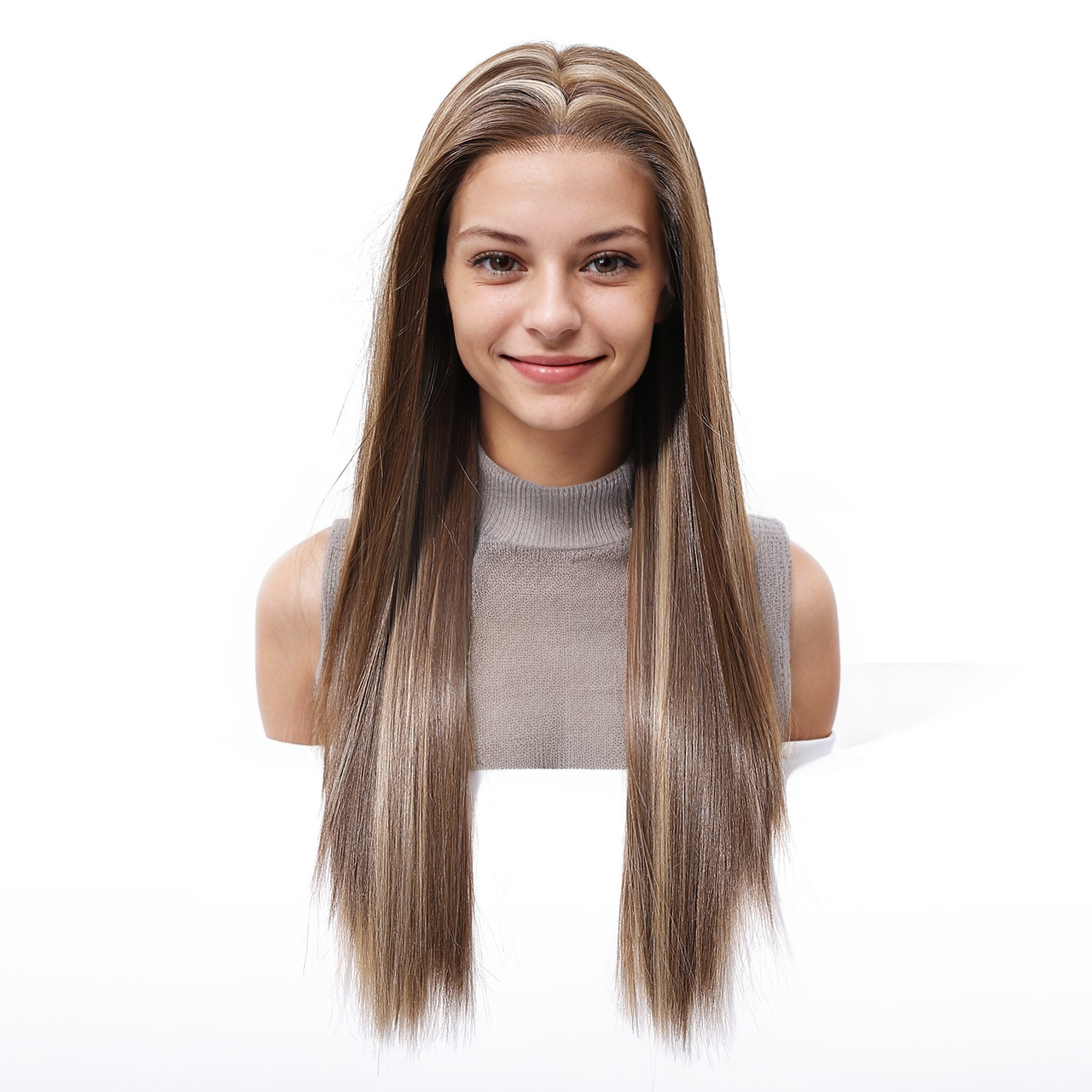 Straight HD Lace Front Wig - Brown with White Blonde Highlights, Glueless & Heat Resistant, 24 Inch (60cm)