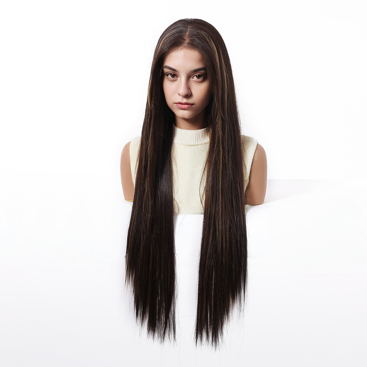 Straight HD Lace Front Wig - Dark Brown with Blonde Highlights, Glueless & Heat Resistant, 30 Inch (76cm)