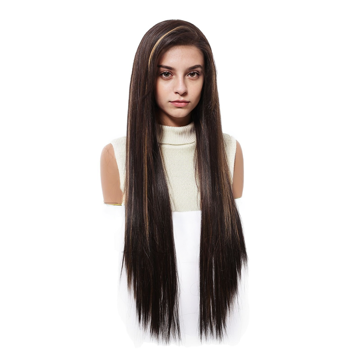 Straight HD Lace Front Wig - Dark Brown with Blonde Highlights, Glueless & Heat Resistant, 30 Inch (76cm)