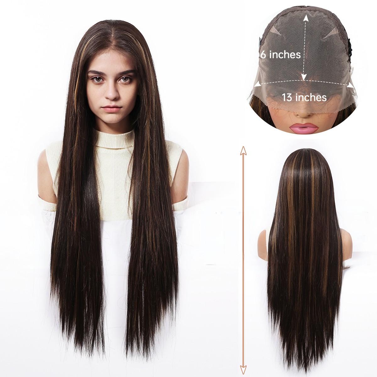 Straight HD Lace Front Wig - Dark Brown with Blonde Highlights, Glueless & Heat Resistant, 30 Inch (76cm)