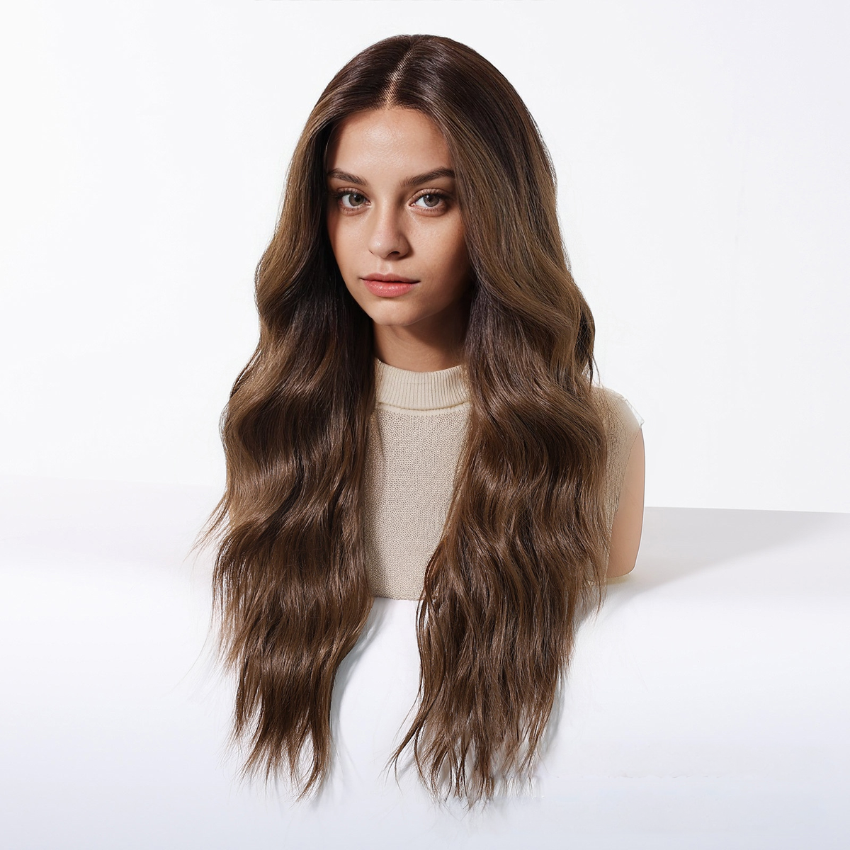 Body Wave HD Lace Front Wig - Brown with Blonde Highlights, Pre-Plucked Hairline, 26 Inch (66cm)