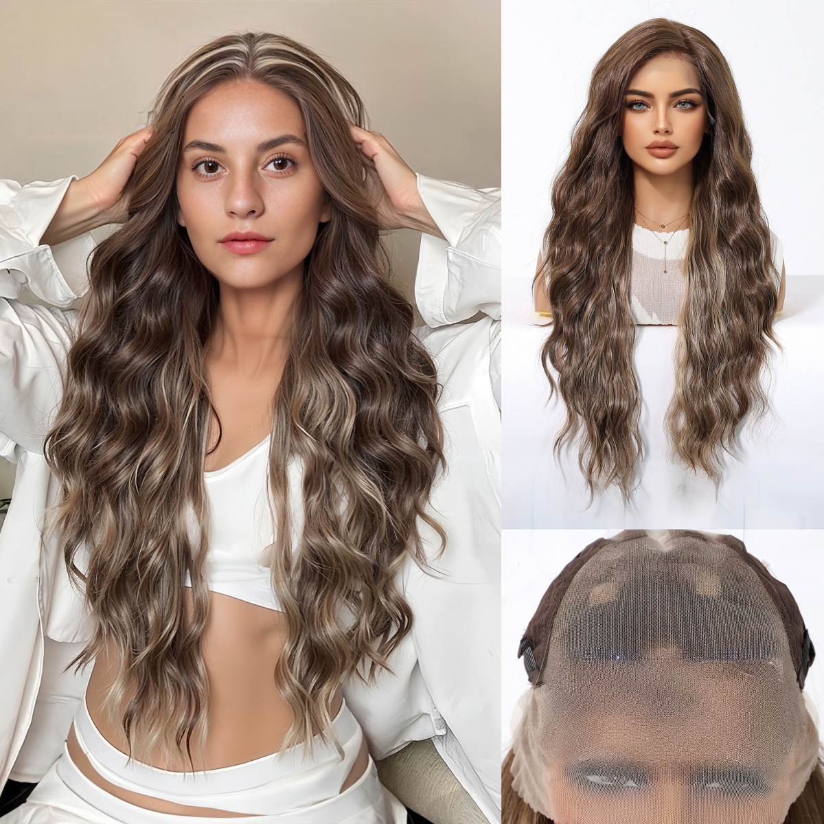 30 Inch (76cm) Body Wave HD Lace Front Wig - Brown with Light Blonde Highlights, 100% Hand-Tied Mono Top
