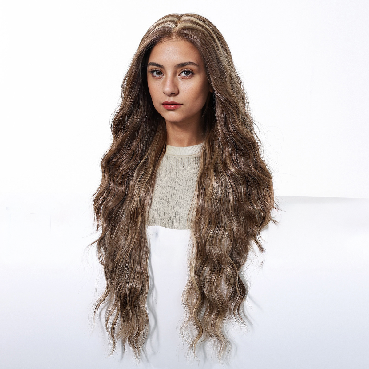 30 Inch (76cm) Body Wave HD Lace Front Wig - Brown with Light Blonde Highlights, 100% Hand-Tied Mono Top
