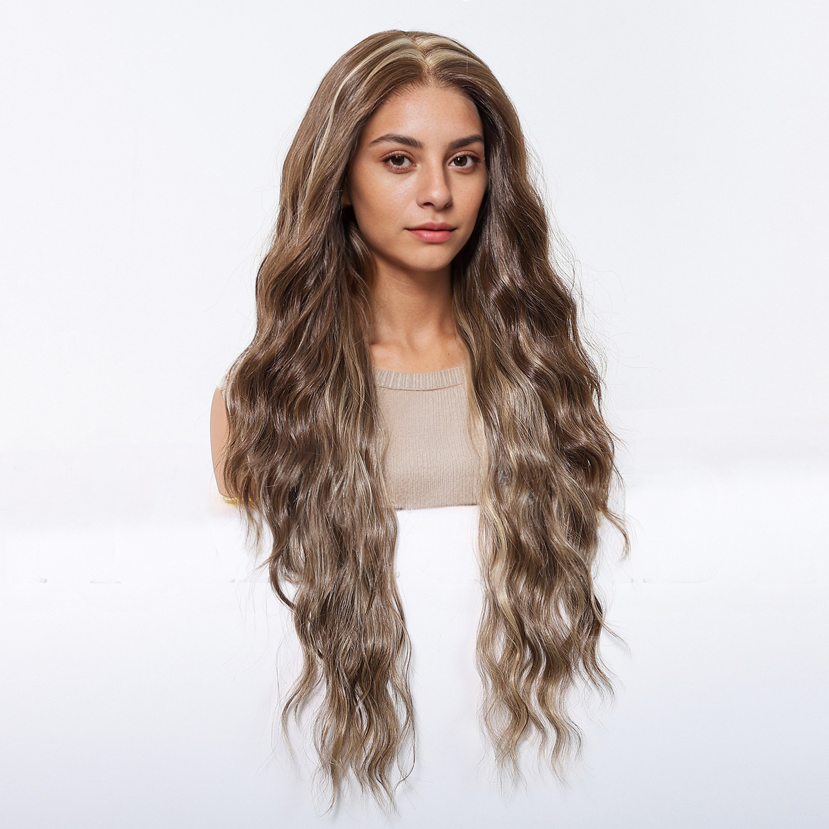30 Inch (76cm) Body Wave HD Lace Front Wig - Brown with Light Blonde Highlights, 100% Hand-Tied Mono Top