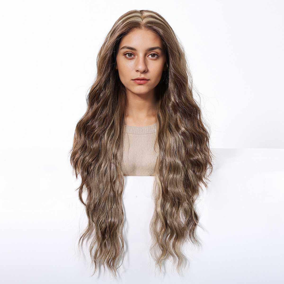 30 Inch (76cm) Body Wave HD Lace Front Wig - Brown with Light Blonde Highlights, 100% Hand-Tied Mono Top