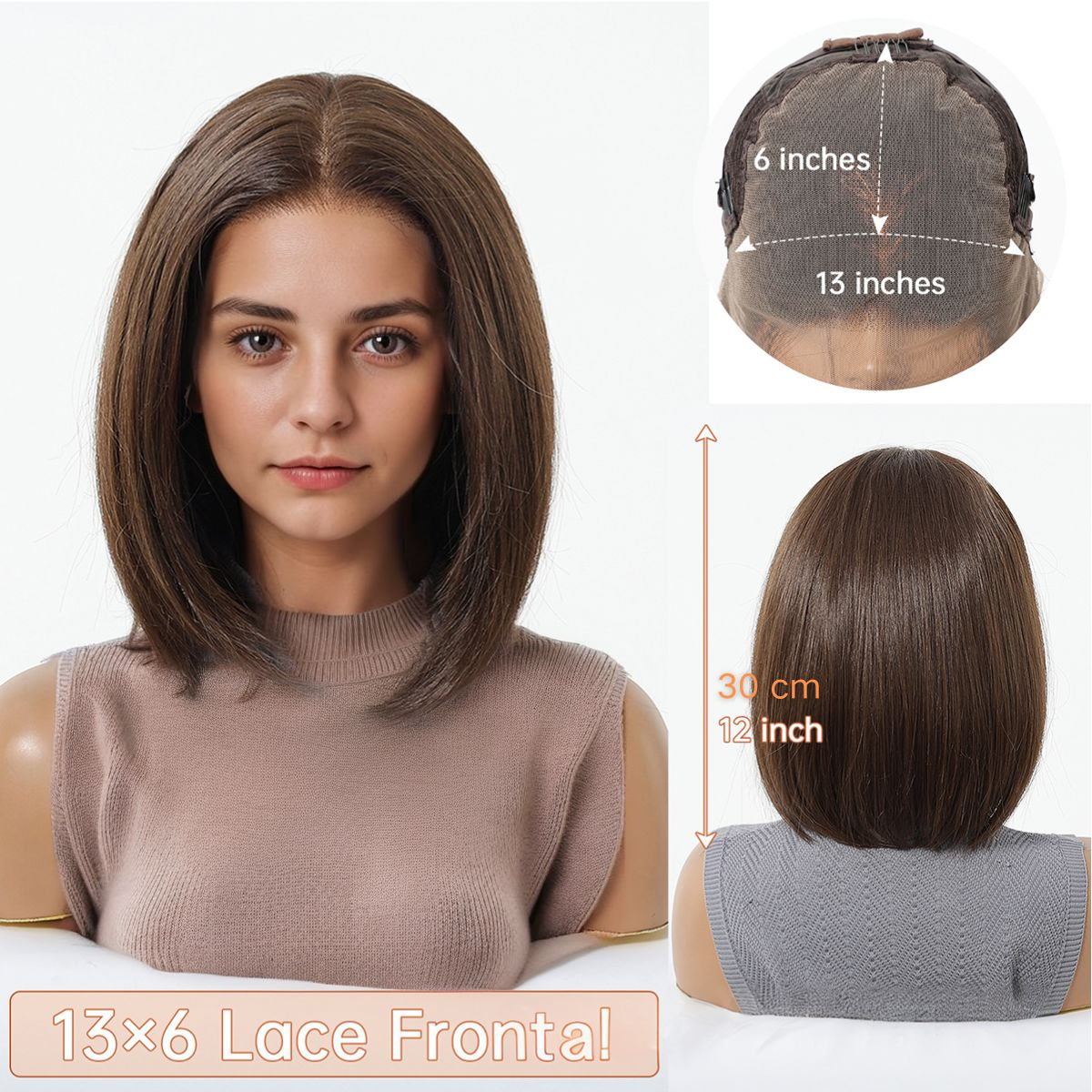 Loose Wave HD Lace Front Wig - Brown, 100% Hand-Tied Mono Top, 12 Inch (30cm)