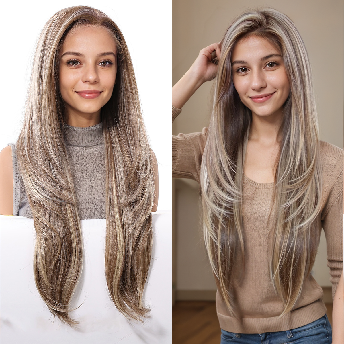 Loose Wave HD Lace Front Wig - Brown with White Blonde Highlights, Pre-Plucked Hairline, 26 Inch (65cm)