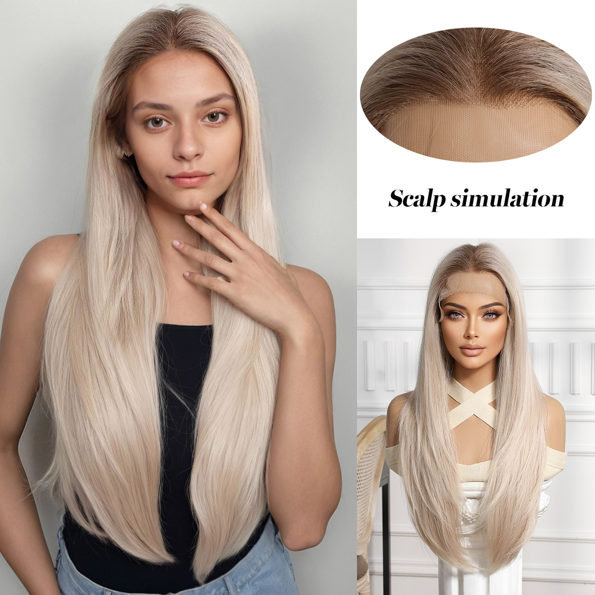 Straight HD Lace Front Wig - Ombre White Blonde, 100% Hand-Tied Mono Top, 20 Inch (50cm)
