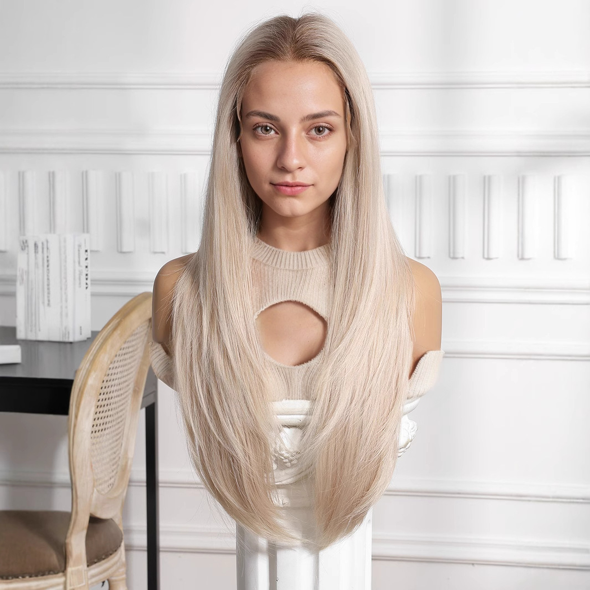 Straight HD Lace Front Wig - Ombre White Blonde, 100% Hand-Tied Mono Top, 20 Inch (50cm)