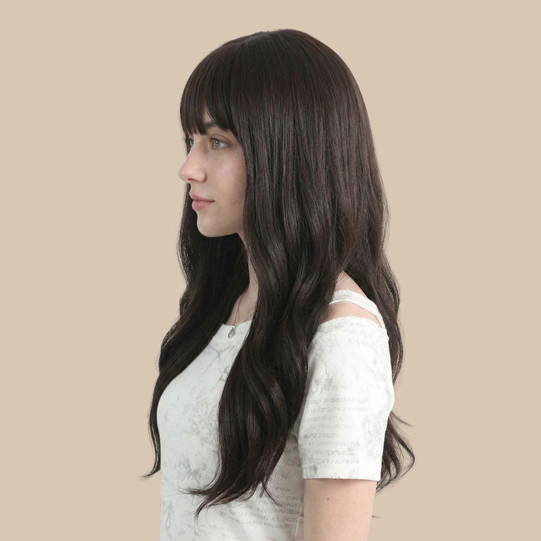26 Inches Brown Long Wavy Wig with Bangs