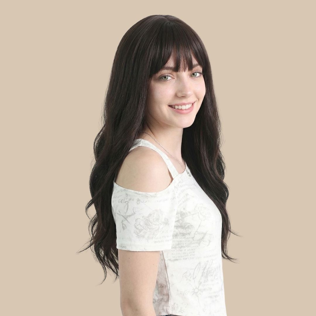 26 Inches Brown Long Wavy Wig with Bangs