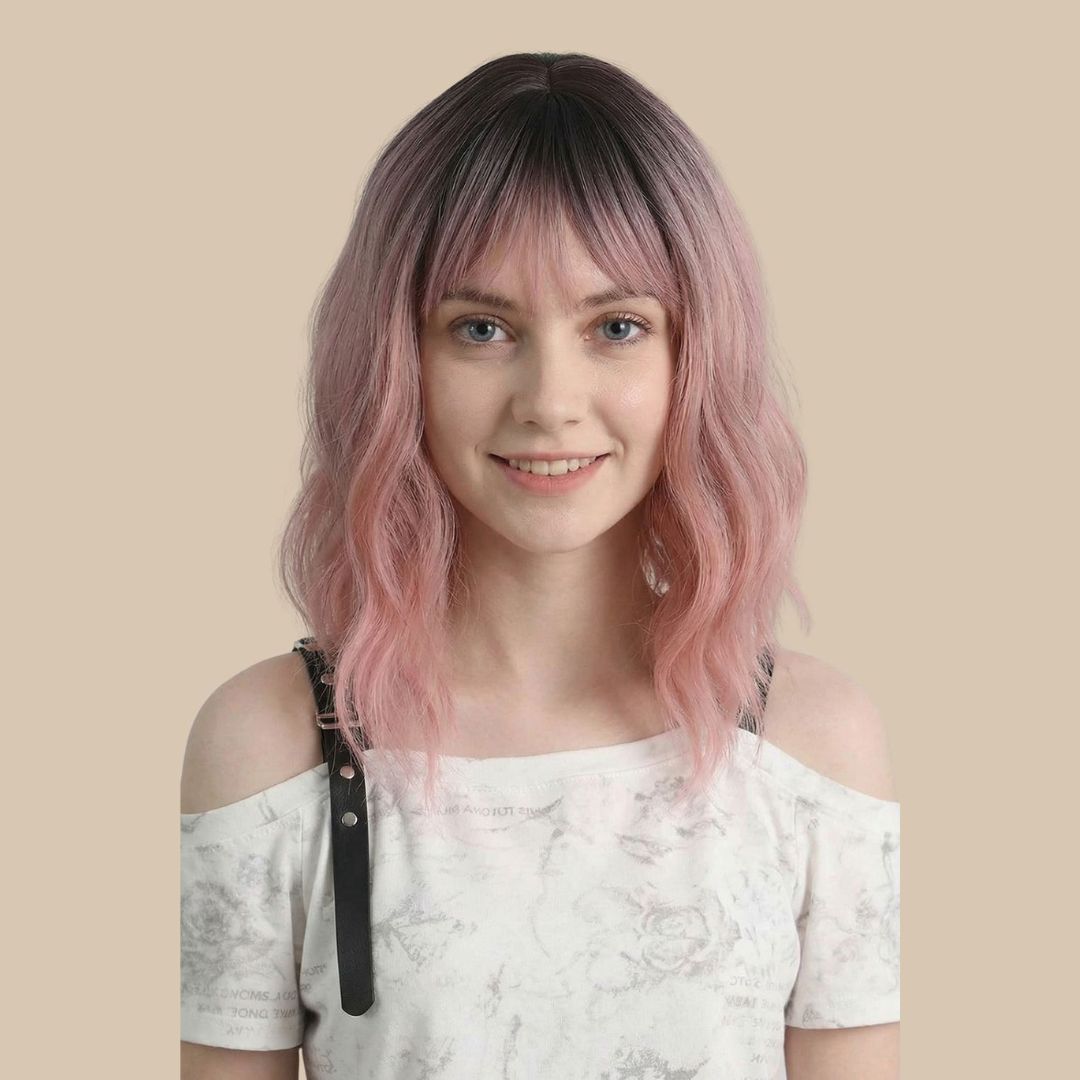Rose Pink Ombre Wavy Bob Wig with Bangs