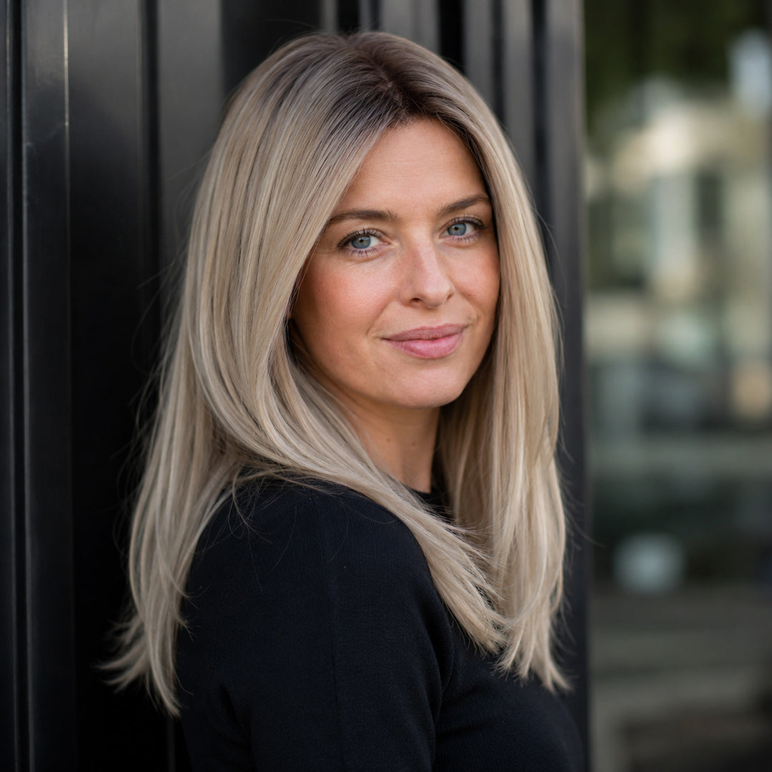 Alternate product view of April synthetic wig, Rooted Blonde Sleek Bob