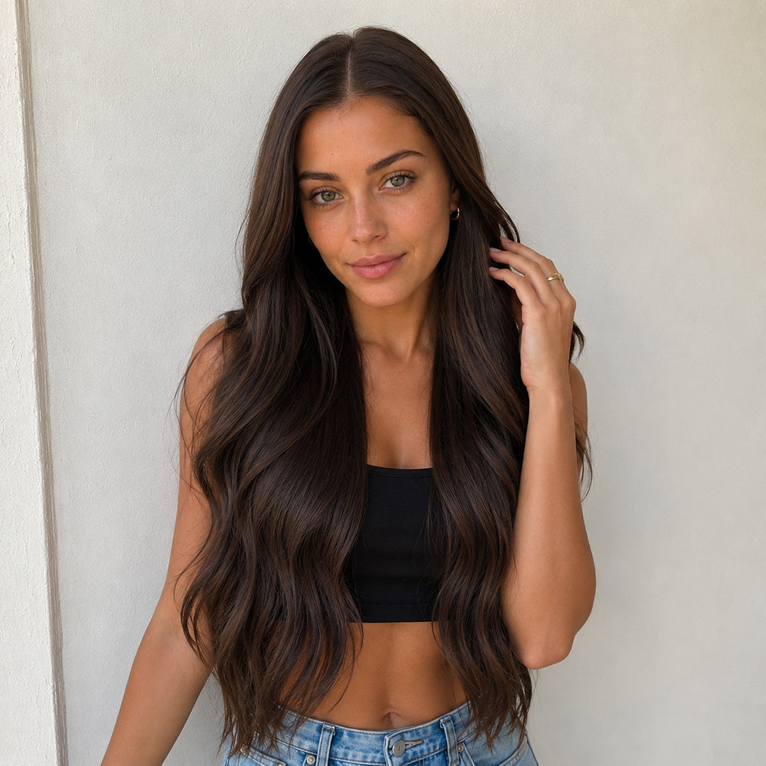 Alternate view of Daphne 13x6 synthetic lace front wig, Dark Brown Soft Waves