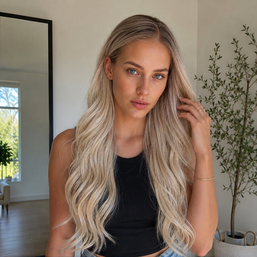 Elsa pre-cut 13x6 synthetic lace front wig, Rooted Platinum Blonde Loose Wave, UNILOVELY