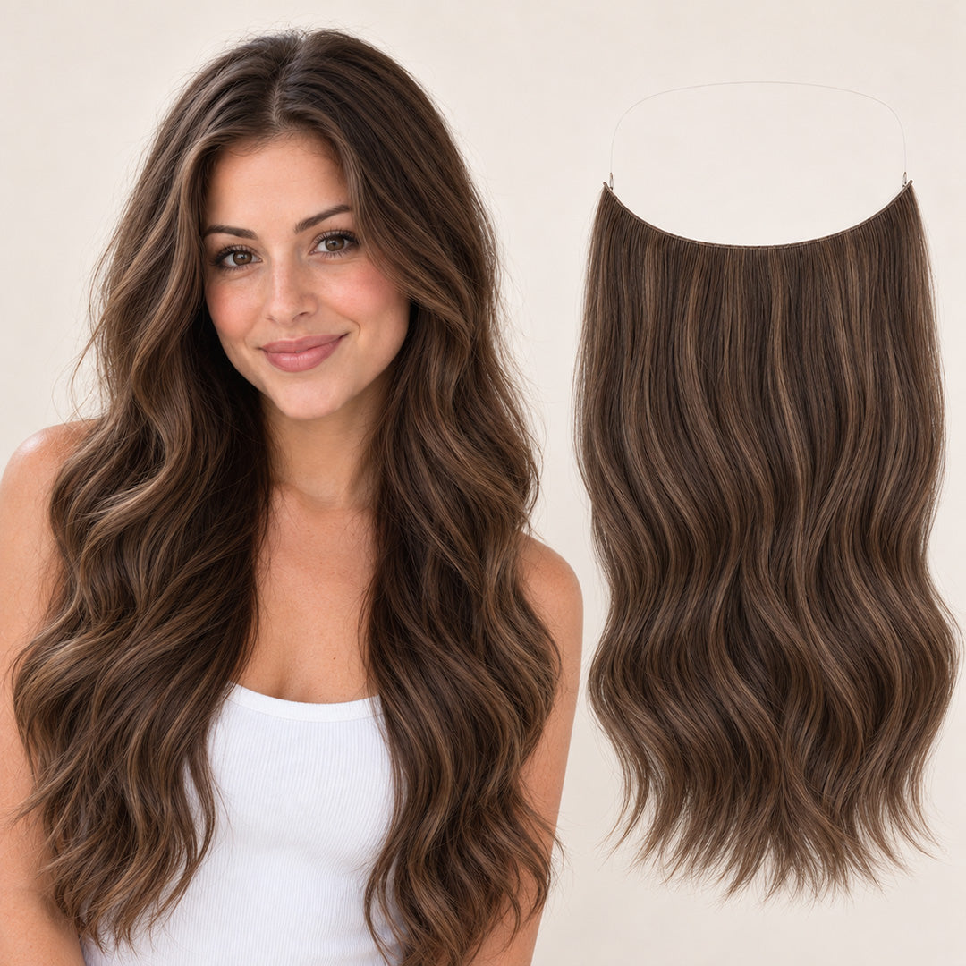 Dimensional Mocha Brown Blend Invisible Halo Extensions with softly waved Remy human hair