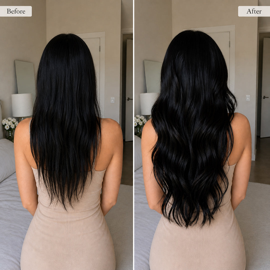Jet Black #1 Halo hair extensions with soft, smooth Remy human hair