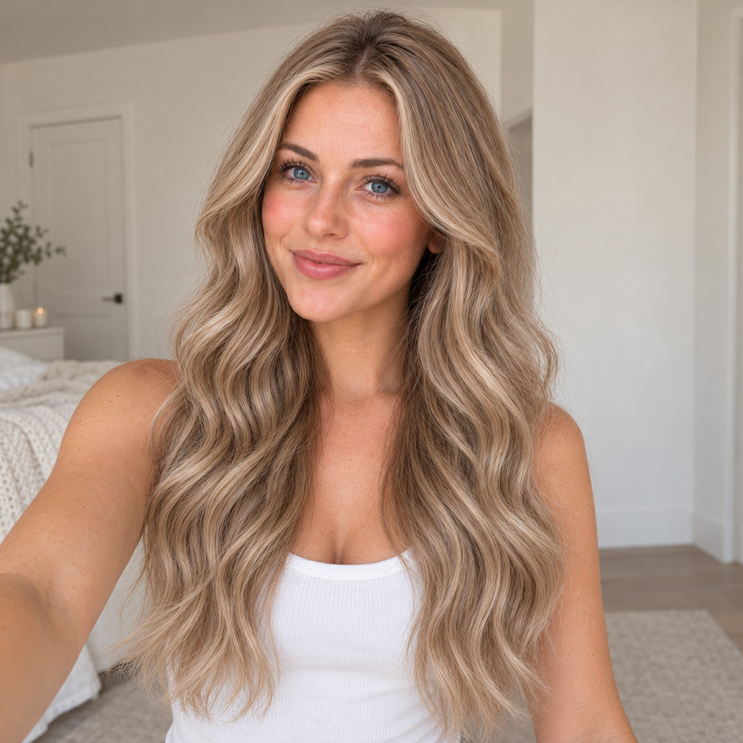 Indoor selfie highlighting soft Mushroom Brown Blend brunette waves