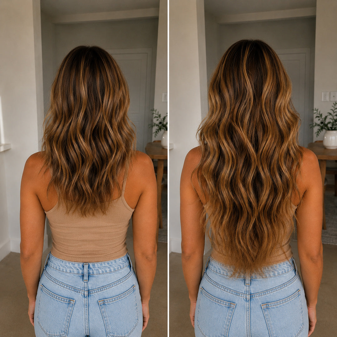UNILOVELY Invisible Halo Extensions in Chestnut Brown Honey Highlights #6/27, 100% Remy human hair