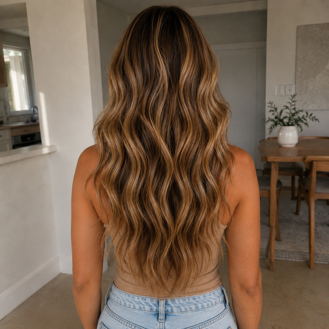 Chestnut Brown Honey Highlights #6/27 Halo hair extensions with a natural-looking highlight blend