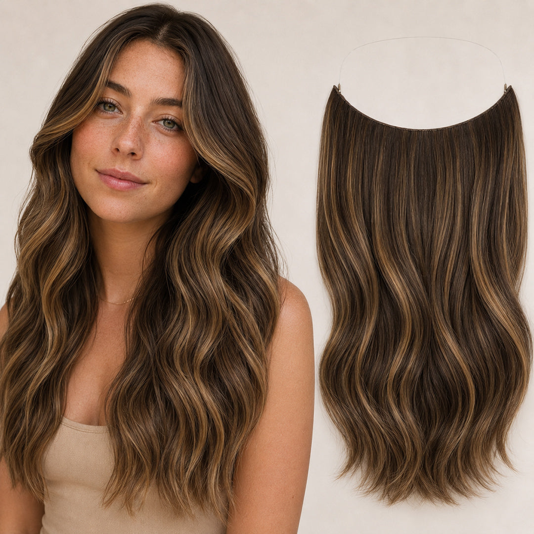 Rooted Chocolate Brown Caramel Highlights #4/27 Invisible Halo Extensions made with 100% Remy human hair