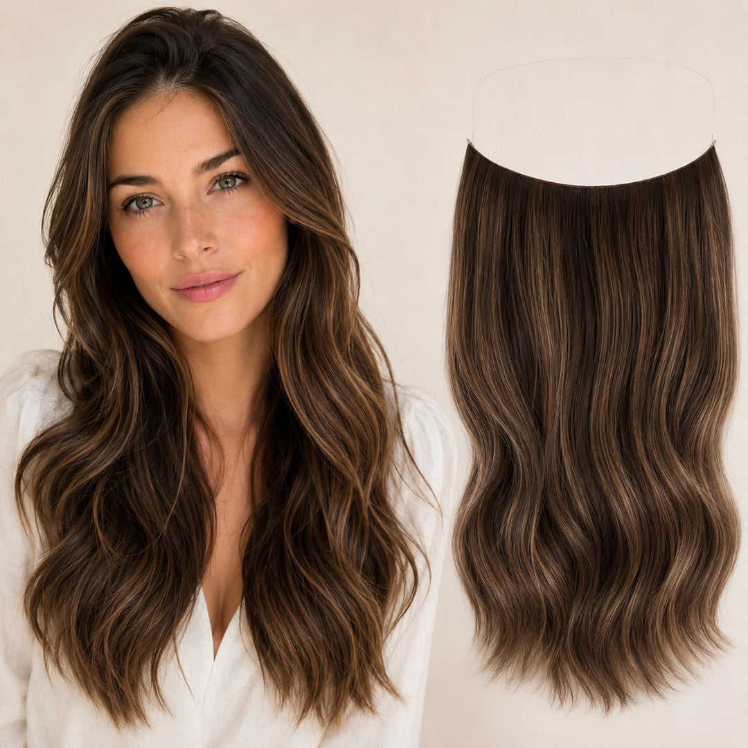 Rooted Dark Brown with Caramel Highlights #2/6/27 Invisible Halo Extensions made with 100% Remy human hair