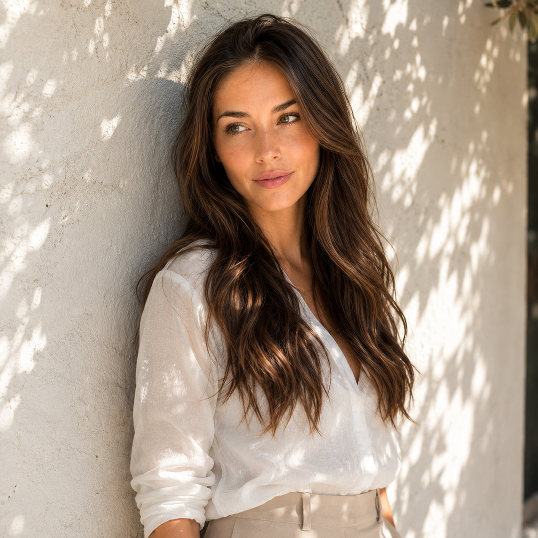 Alternate product view of Rooted Dark Brown with Caramel Highlights #2/6/27 Invisible Halo Extensions