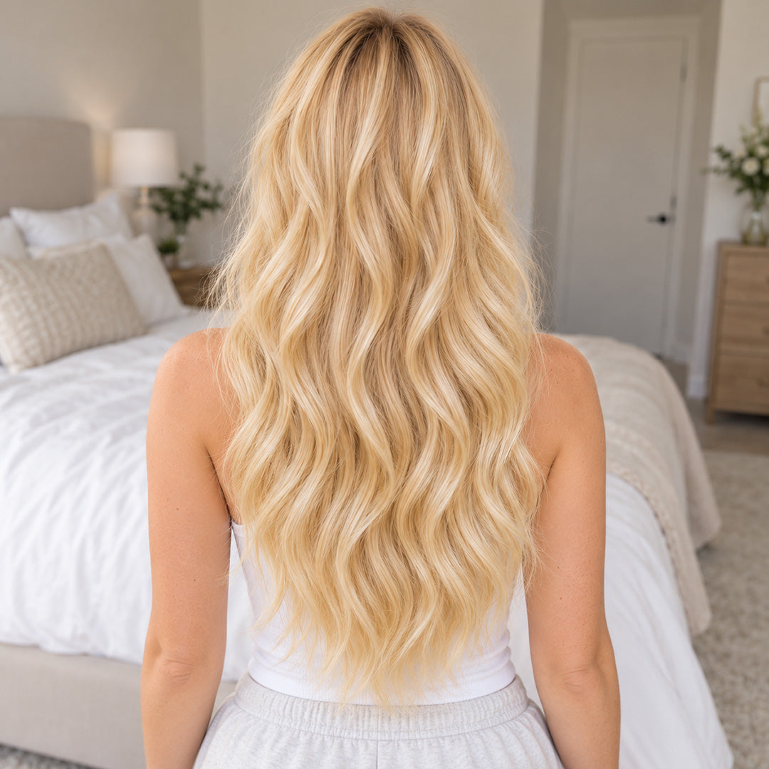 Rear view of long Sandy Blonde Blend waves showing hair length and fullness