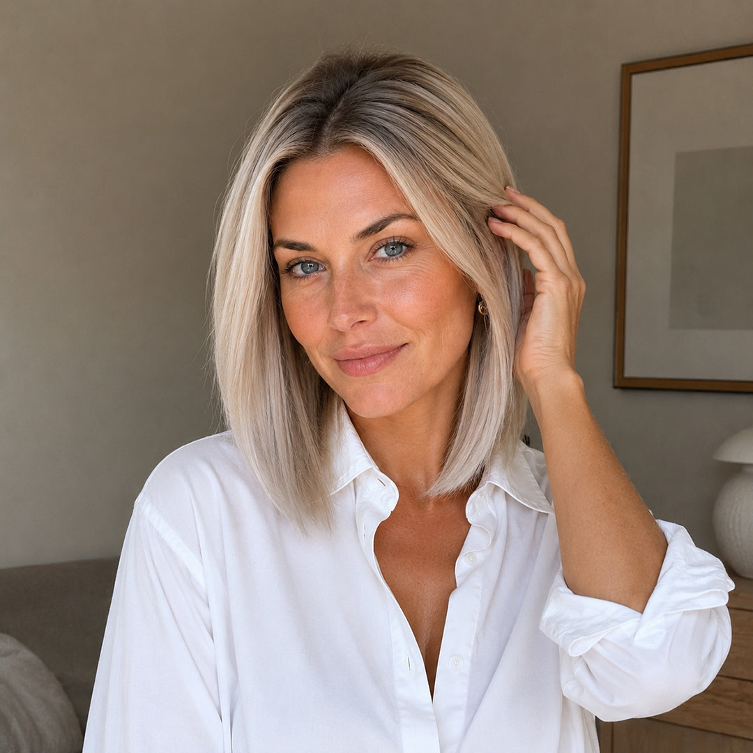 Nora pre-cut 13x6 synthetic lace front wig, Rooted Blonde Sleek Bob, UNILOVELY
