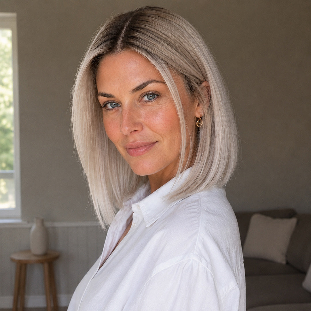 Alternate view of Nora 13x6 synthetic lace front wig, Rooted Blonde Sleek Bob