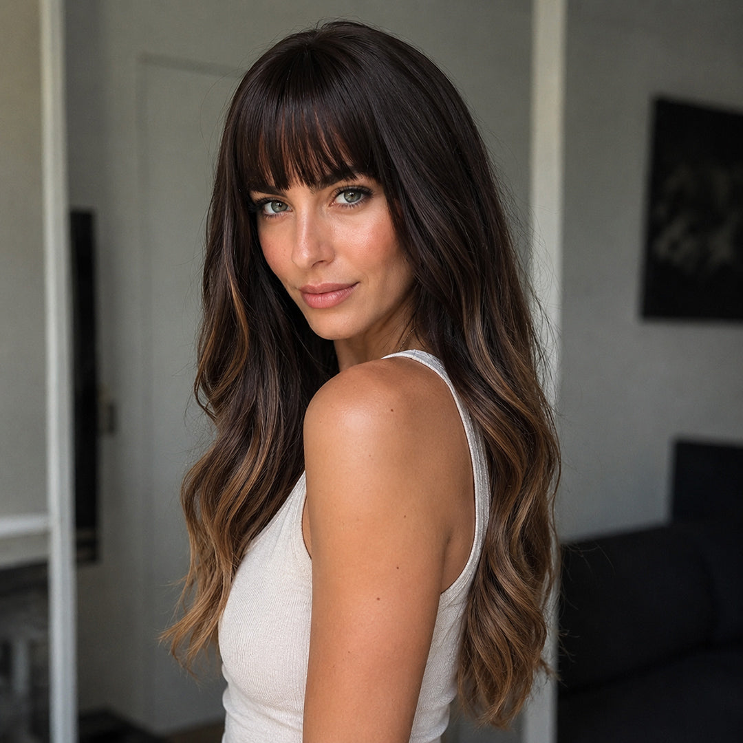 Sadie synthetic wig, Dark Brown Bangs Soft Wave, UNILOVELY