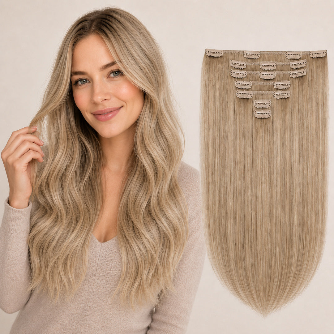 Ash Blonde #18 Seamless Clip-In Hair Extensions made with 100% Remy human hair