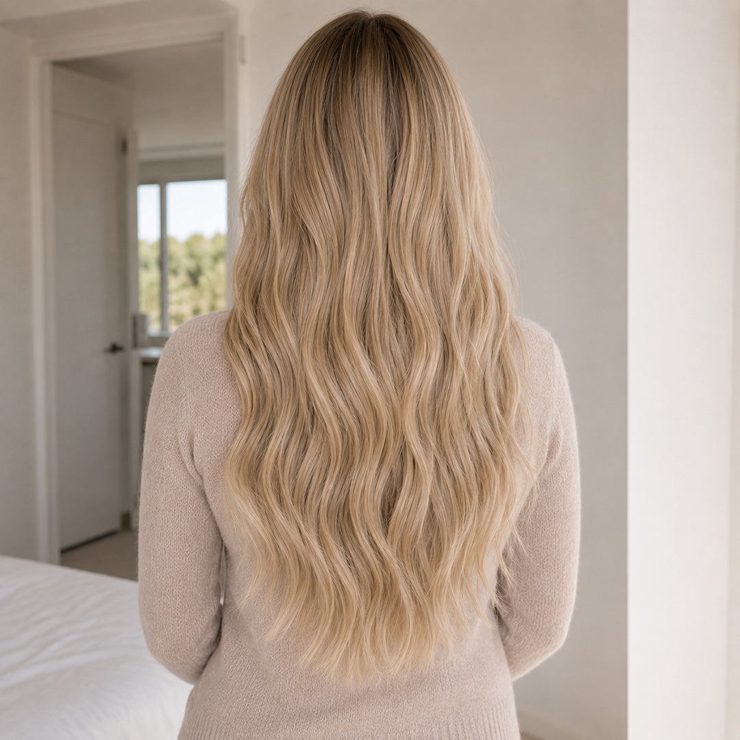 Ash Blonde #18 Seamless Clip-In extensions with soft, smooth Remy human hair