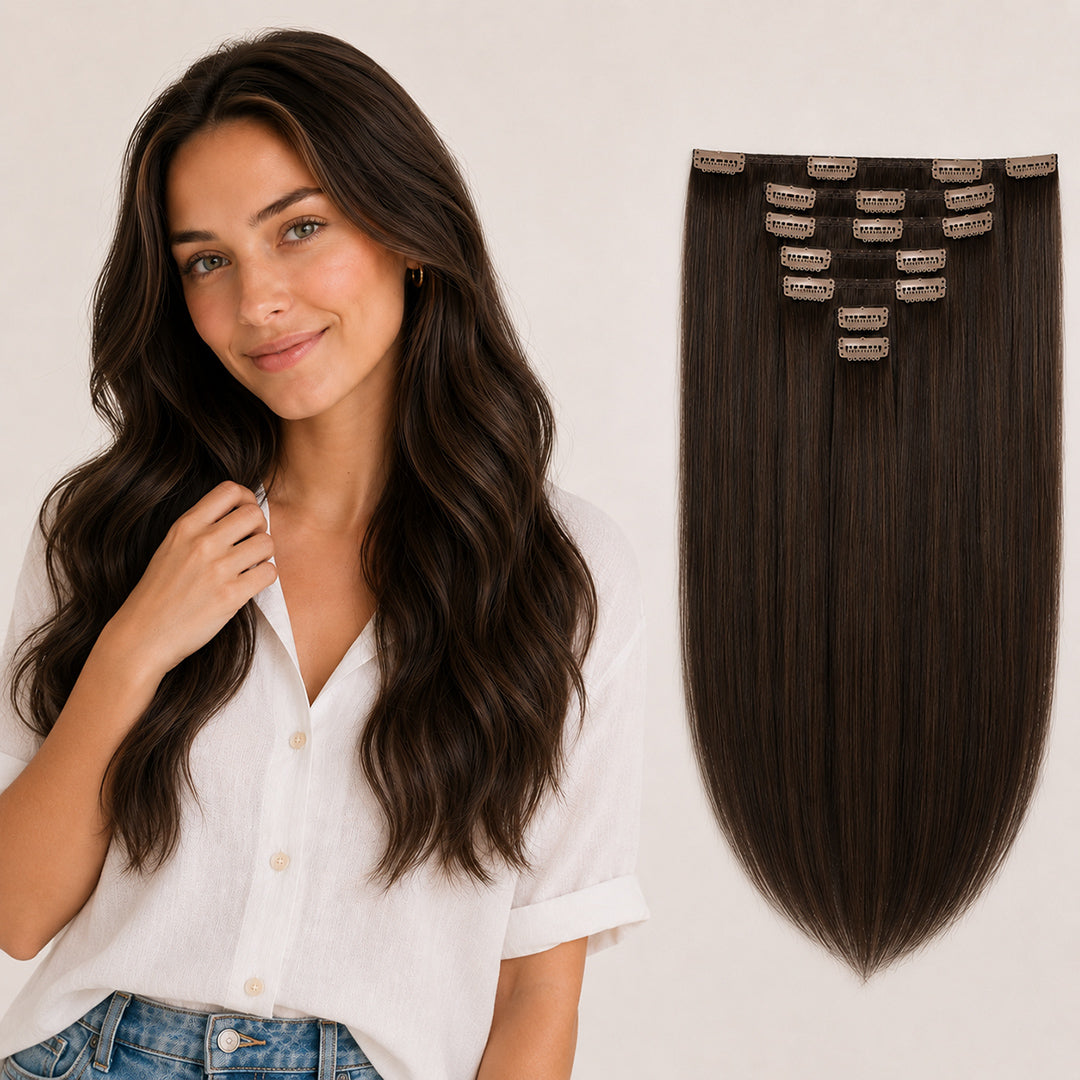 Dark Brown #2 Seamless Clip-In Hair Extensions made with 100% Remy human hair