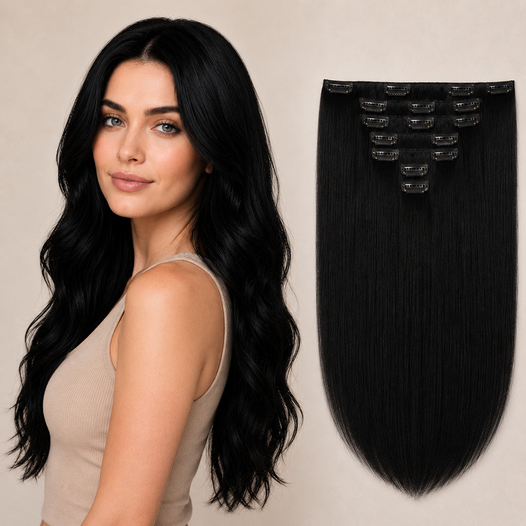 Jet Black #1 Seamless Clip-In Hair Extensions made with 100% Remy human hair