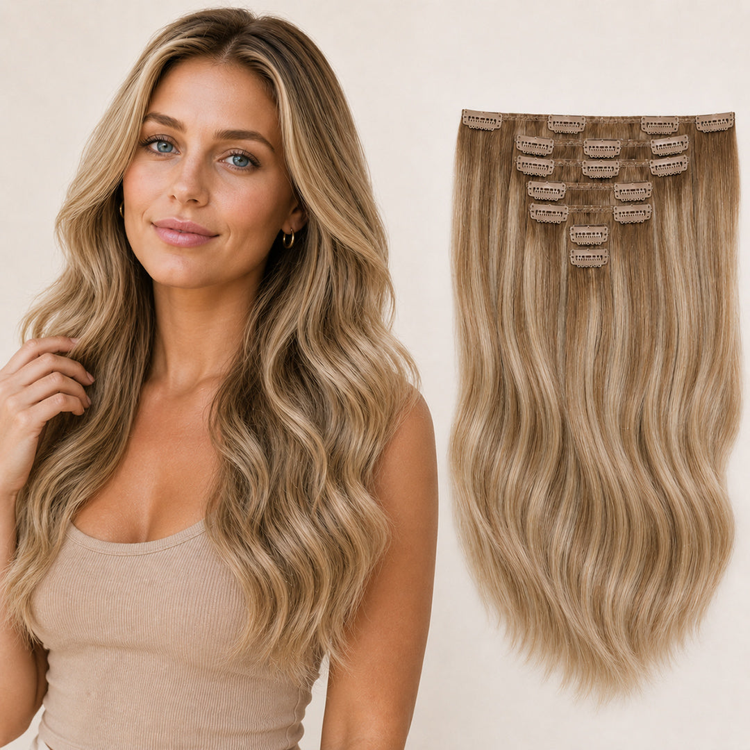Ash Brown Blonde Highlights #8/613 Seamless Clip-In Hair Extensions made with 100% Remy human hair