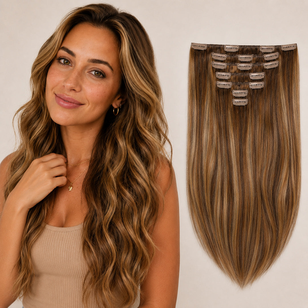 Chestnut Brown Honey Highlights #6/27 Seamless Clip-In Hair Extensions made with 100% Remy human hair